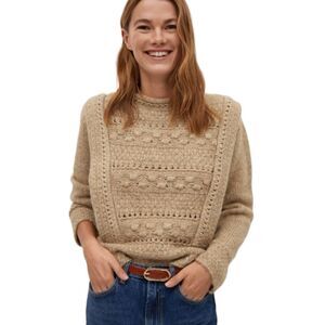 MANGO tan openwork‎ cable crew neck knit wool alpaca blend sweater S